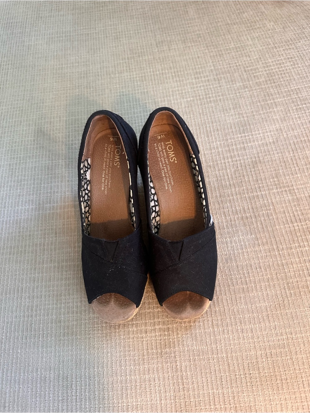 Toms Black Canvas Peep-Toe Flats with Tan Toe
